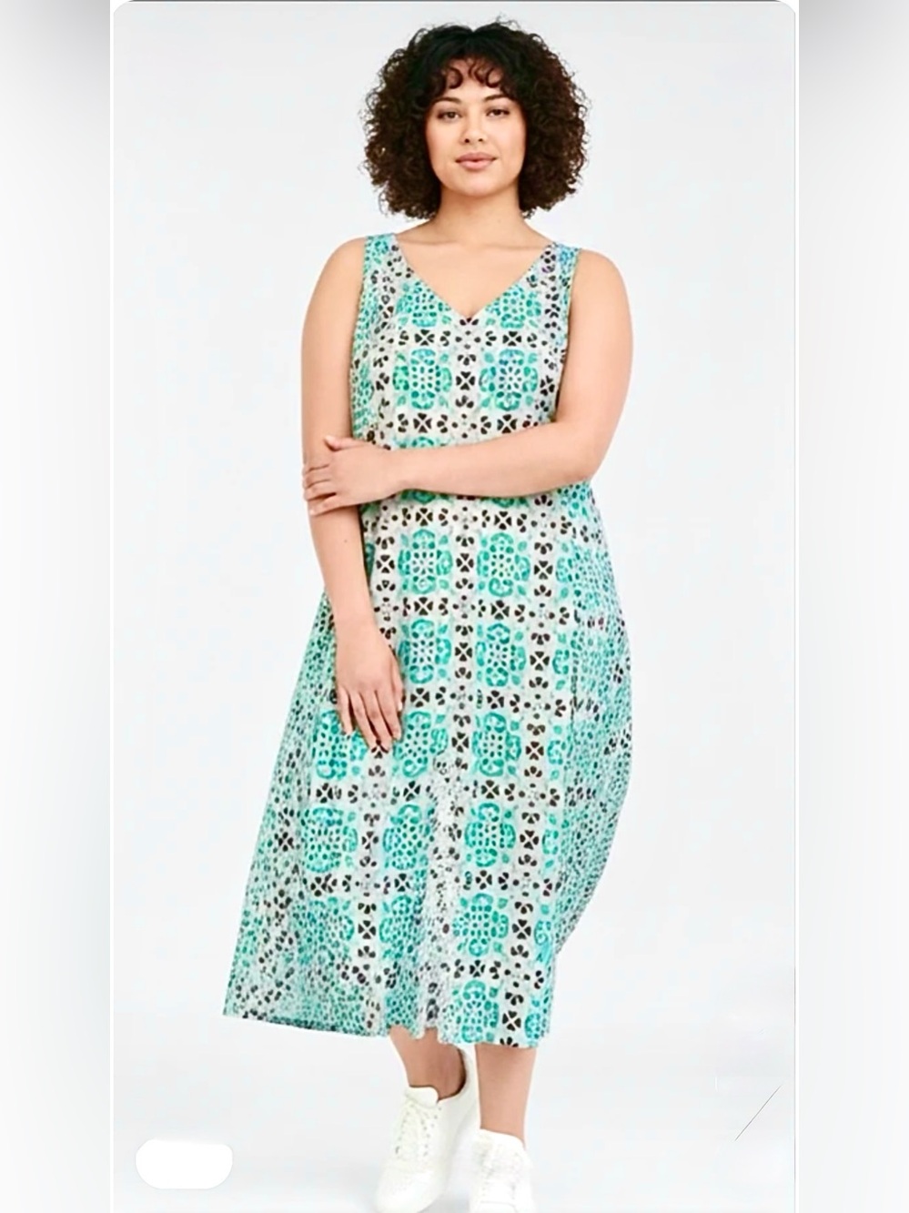 Jones New York Women’s Teal All Cotton Tile-Print Fit & Flare Dress Size 6 NWOT
